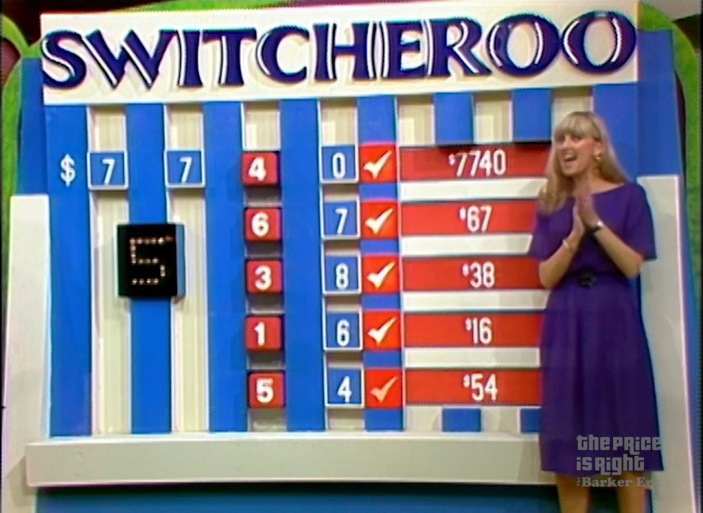 A game show segment from 'The Price is Right' featuring the Switcheroo game board, displaying five prizes with missing digits, and a contestant celebrating.