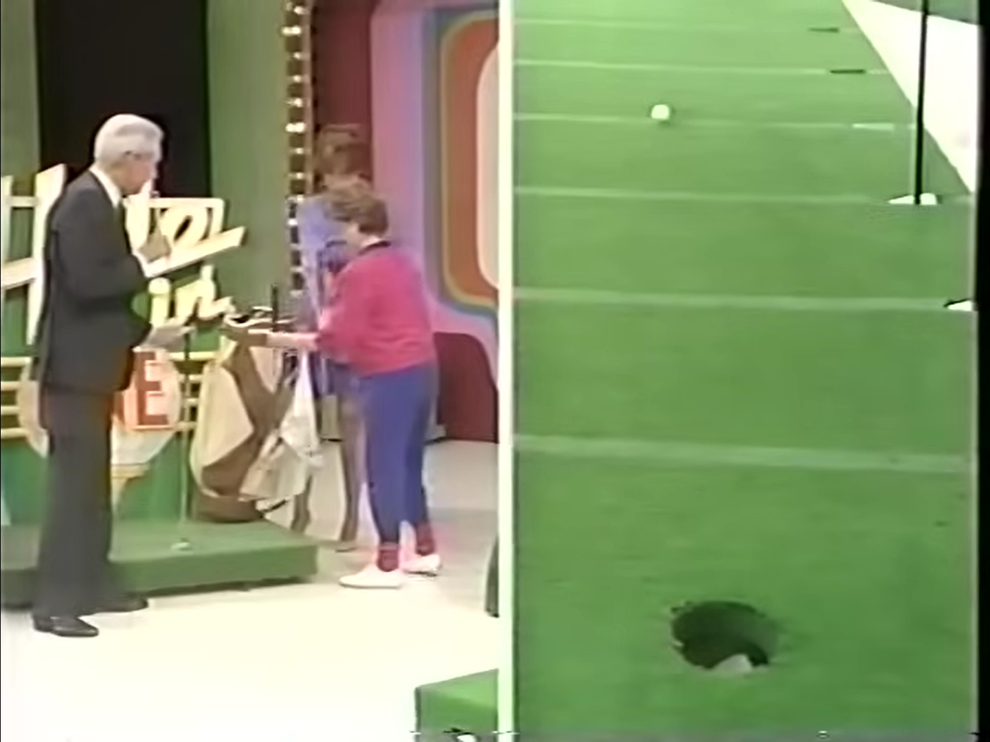 A contestant interacts with the game host on the set of 'Hole in One', while a golf ball is shown rolling towards the hole on a putting green.