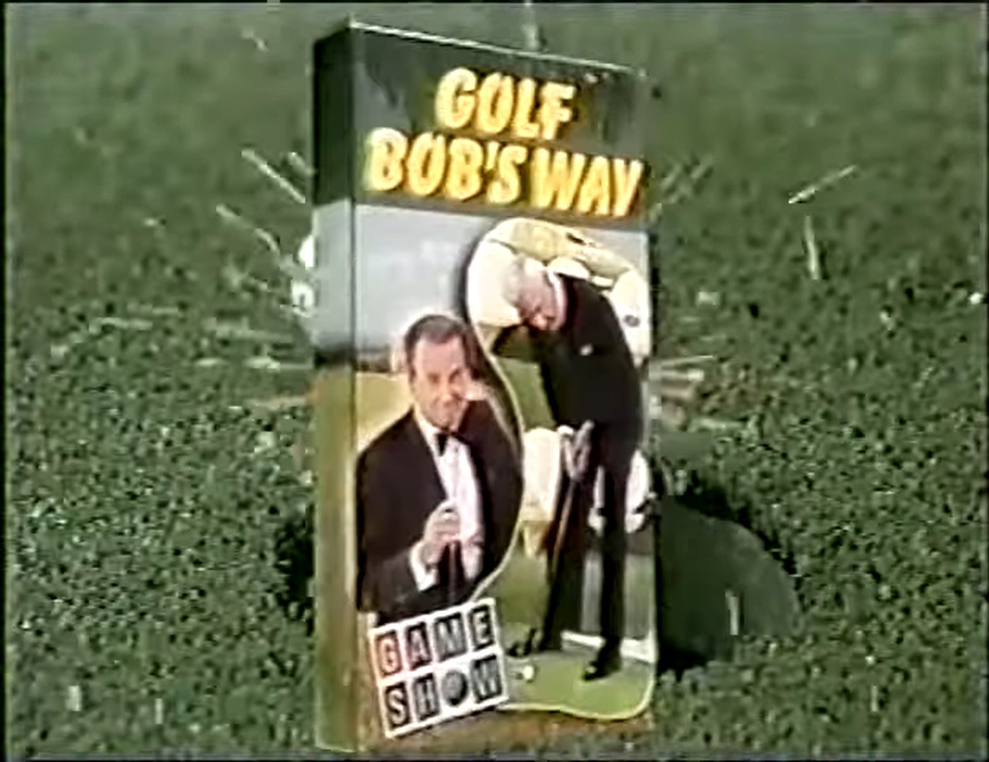A promotional poster for 'Golf Bob's Way', featuring a smiling host in a tuxedo and a golfer preparing to putt, set against a green golf course background.