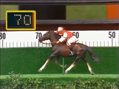 A toy horse moves in motion down the Finish Line board but stops short of crossing the finish line, representing a loss.