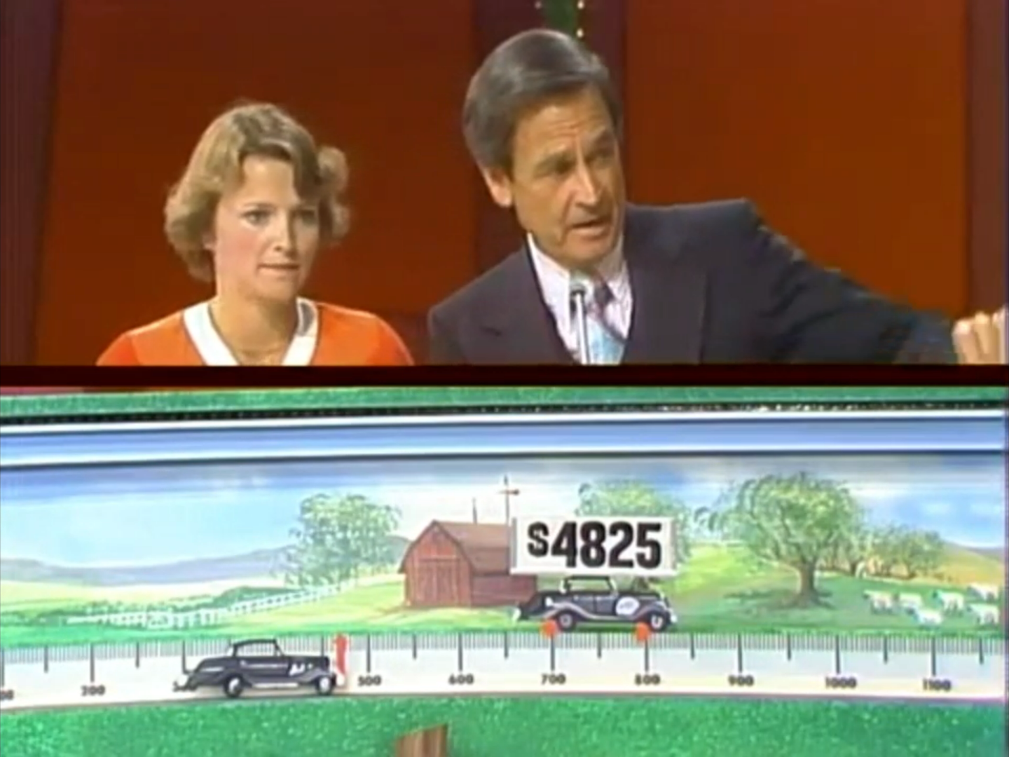 Contestant and host discussing the pricing of two cars in the game 'It's Optional' from The Price is Right, with a visual display showing the more expensive car priced at 25.