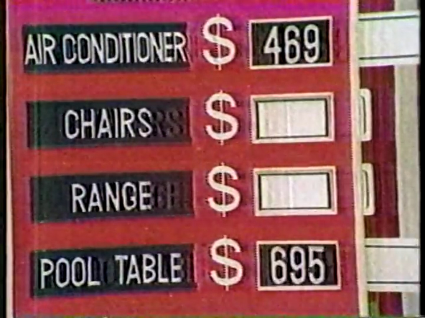 Display of four prizes with their prices listed: air conditioner for 9, chairs (price hidden), range (price hidden), and pool table for 5, set against a bright red background.