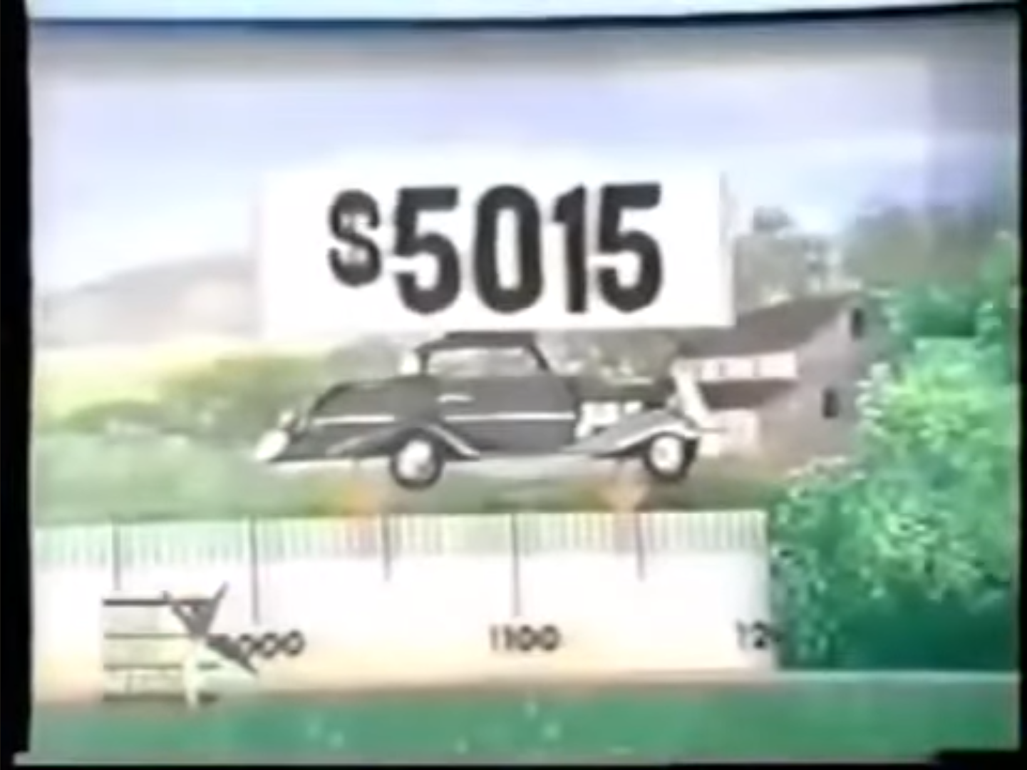 A television screen displaying a price tag of 15 next to a classic car in a rural landscape.