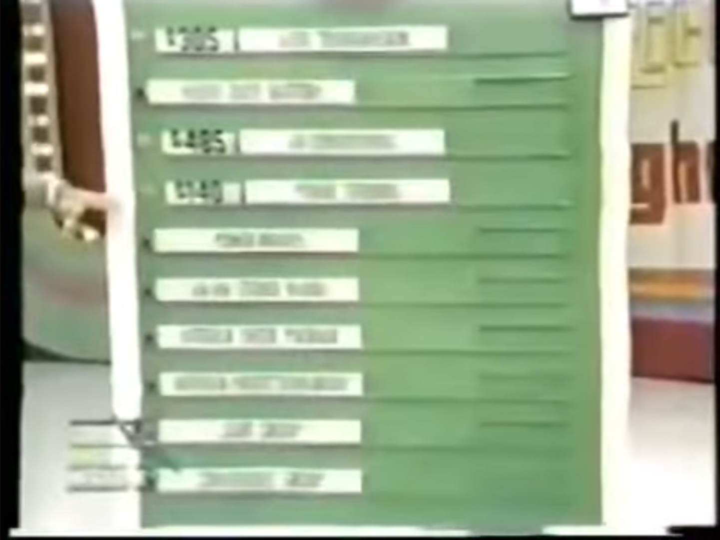 A green board displaying a list of pricing options for a car game on The Price is Right, with various items and their associated prices listed next to each.