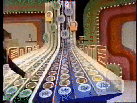 Bob Barker pressing down on a price on the Penny Ante set and the chase lights revealing the contestant is a winner.