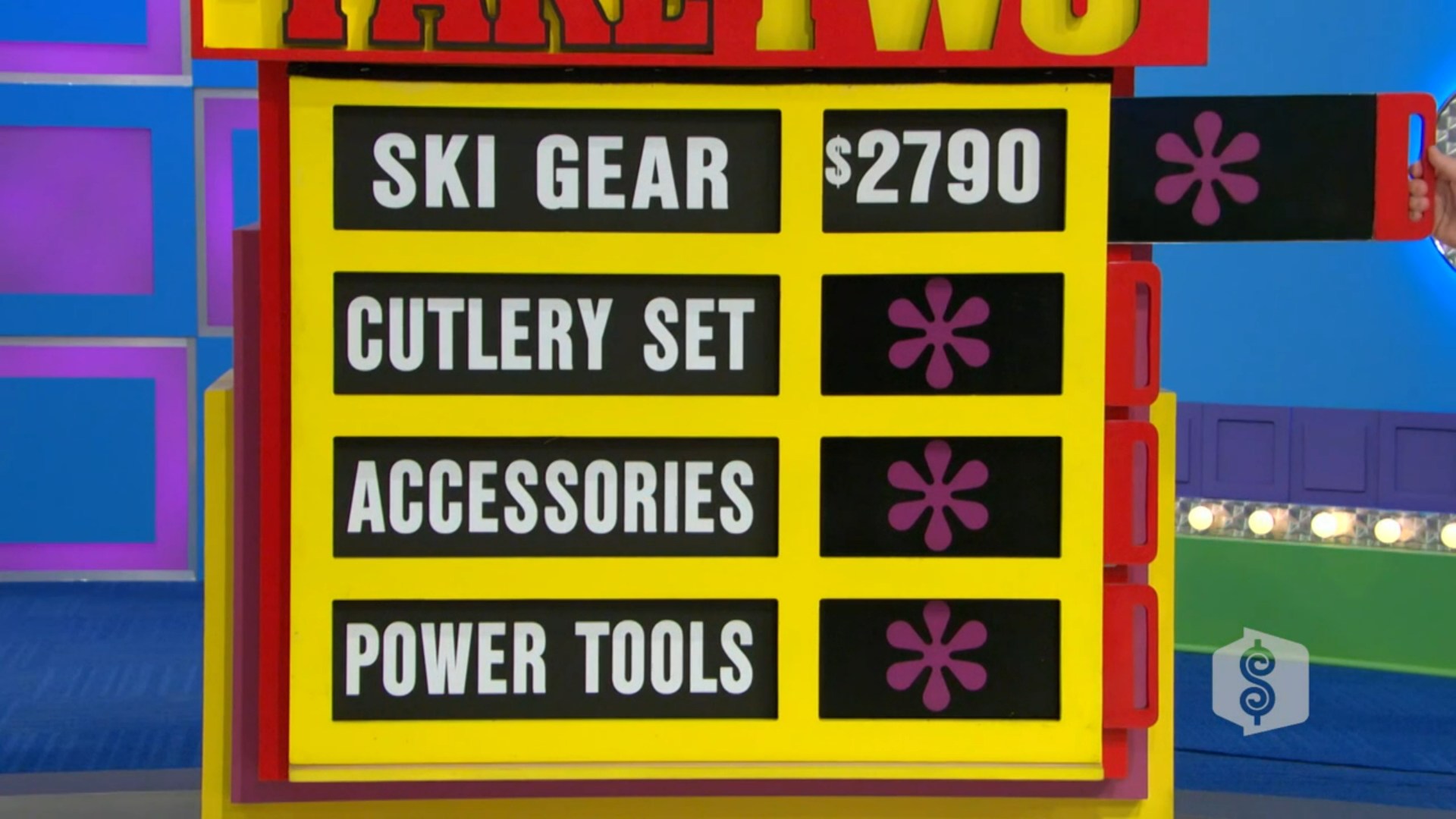 A colorful game display for 'Take Two' featuring four prize categories: Ski Gear priced at 90, Cutlery Set, Accessories, and Power Tools. The background is vibrant with a mix of purple and yellow.