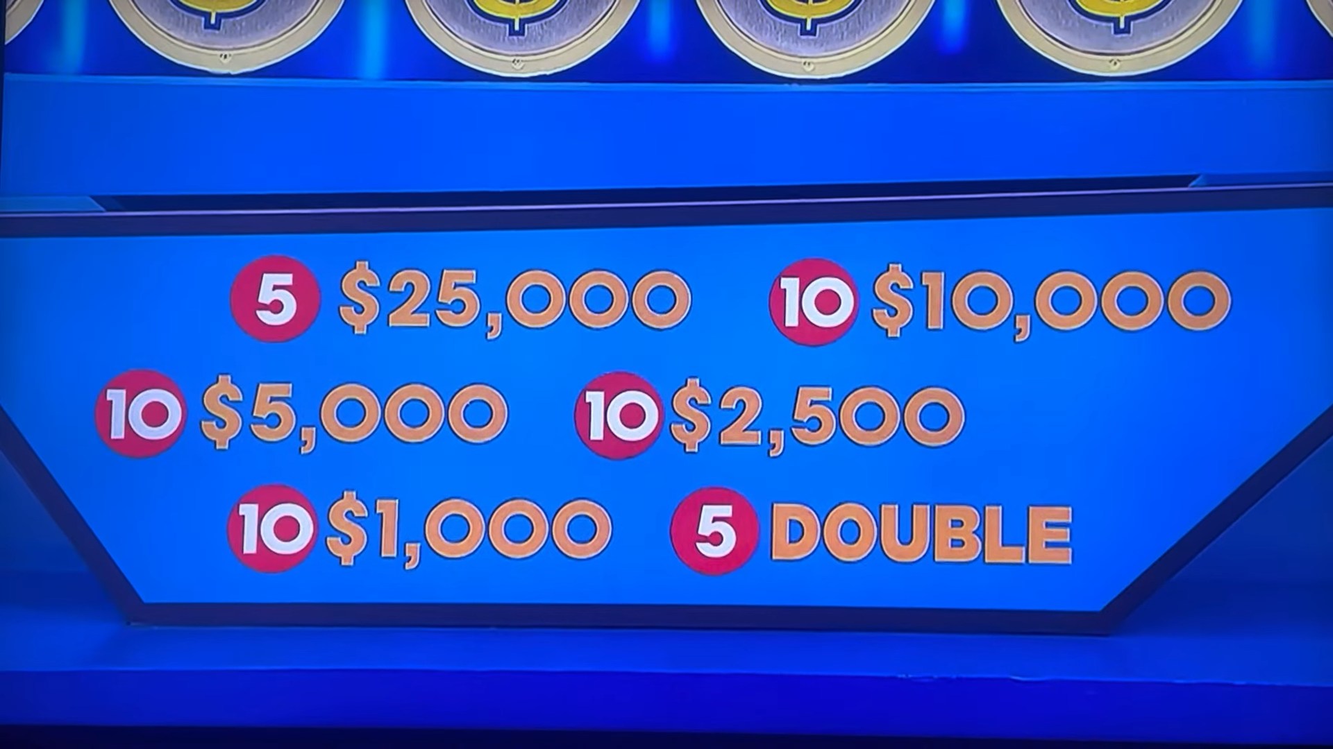 A blue board displaying cash amounts available in the game Punch a Bunch, including five ,000 slips, ten ,000 slips, ten ,000 slips, ten ,500 slips, ten ,000 slips, and five 'DOUBLE' slips.