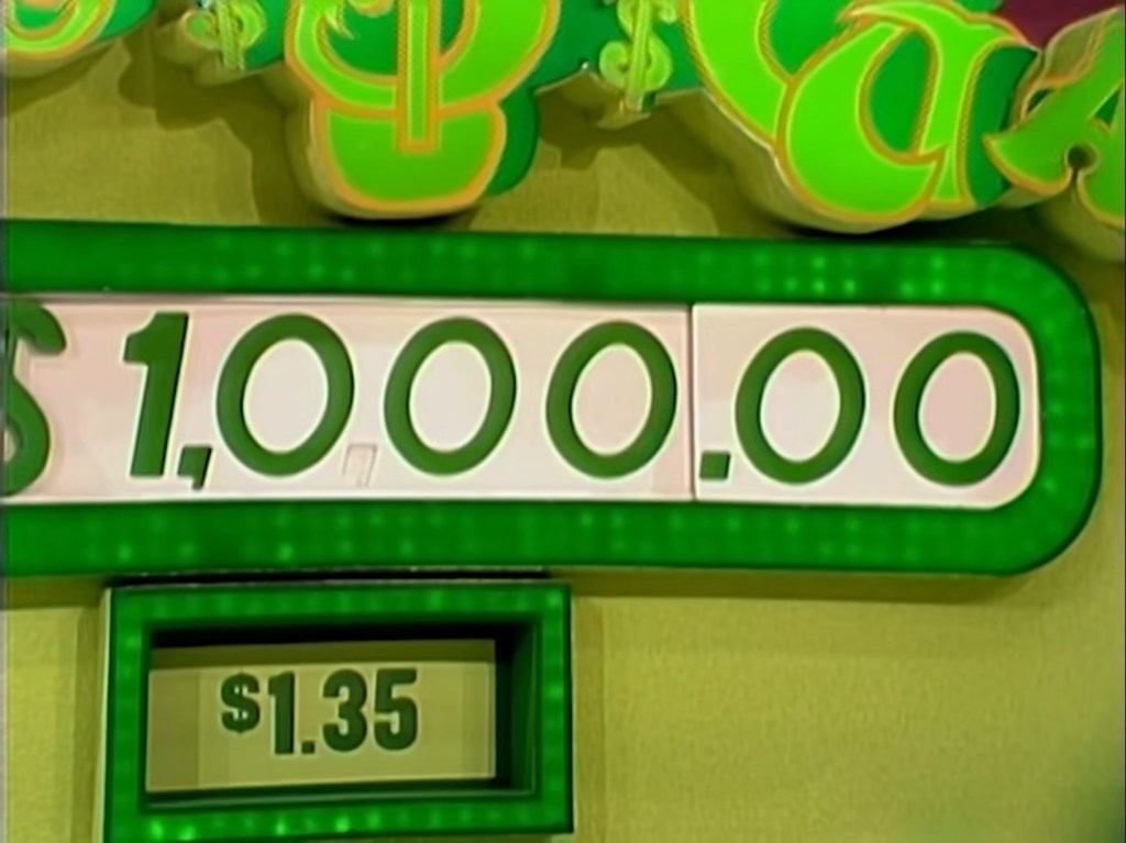 $1,000.00 prize display for the Grand Game on The Price is Right, with a target price of $1.35 shown below.