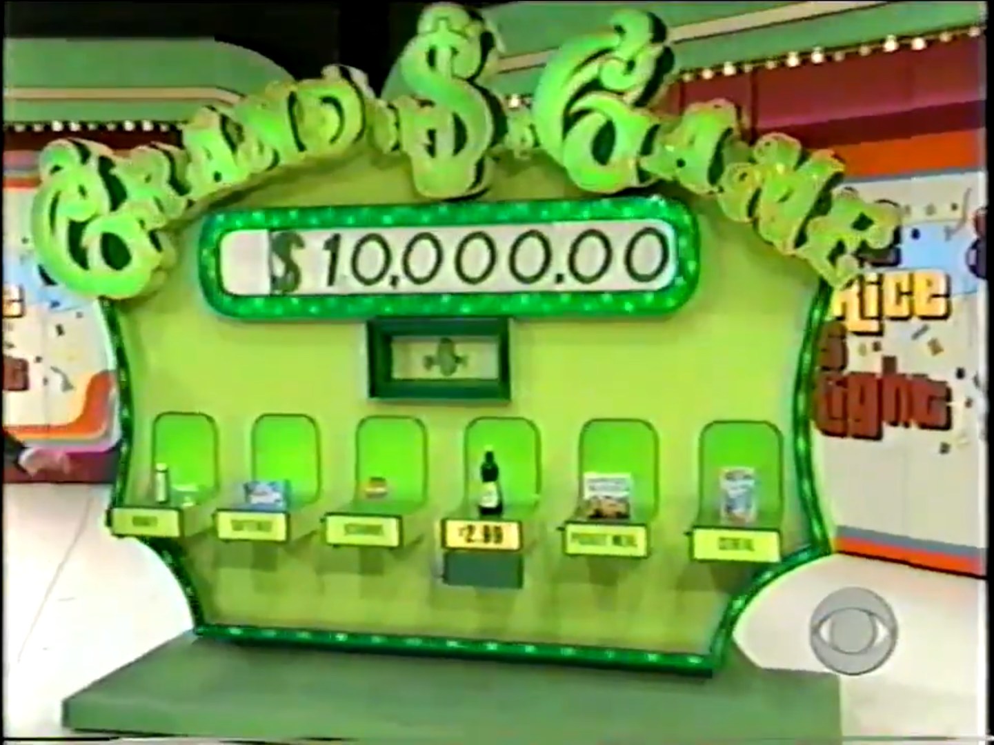Display board for the Grand Game from The Price is Right, showing a target cash prize of ,000. Features six grocery items with prices, set against a vibrant green background.