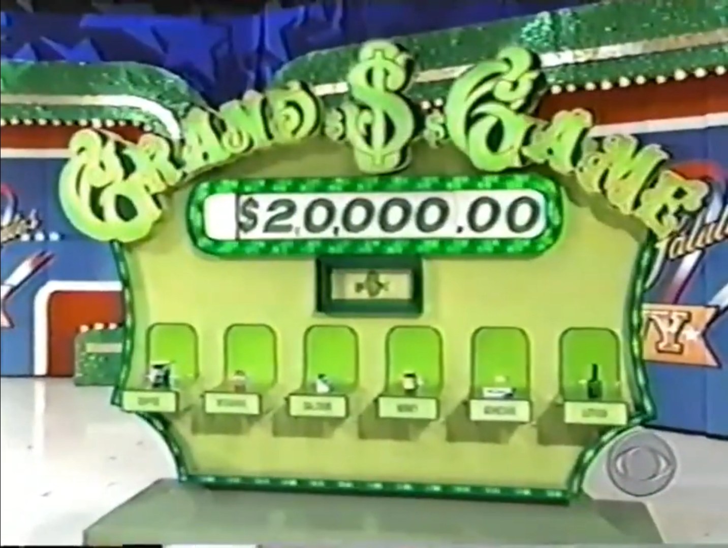 The Grand Game board displaying a target prize of ,000, featuring six product slots labeled with options for contestants.