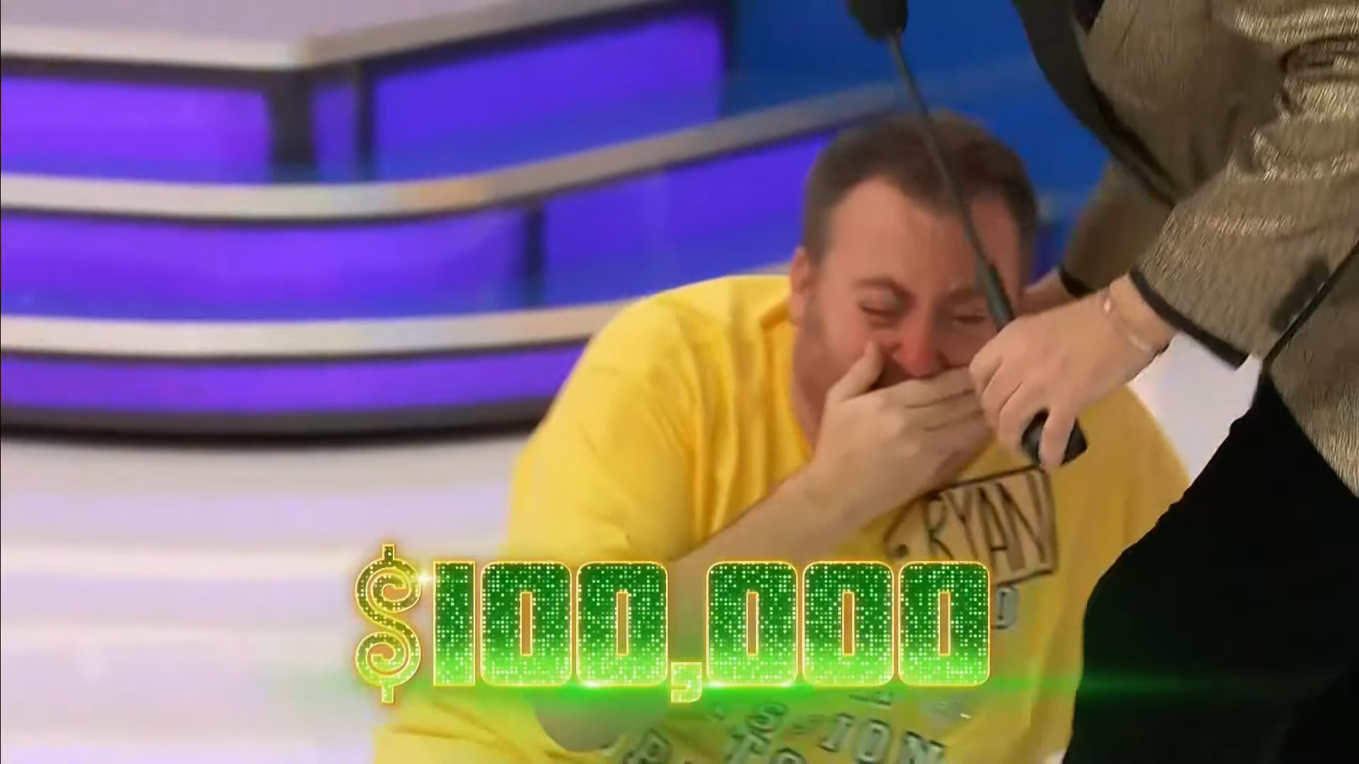 Ryan, a Price is Right contestant, falls to the floor with gratitude after having won 0,000 in the Grand Game on The Price is Right.