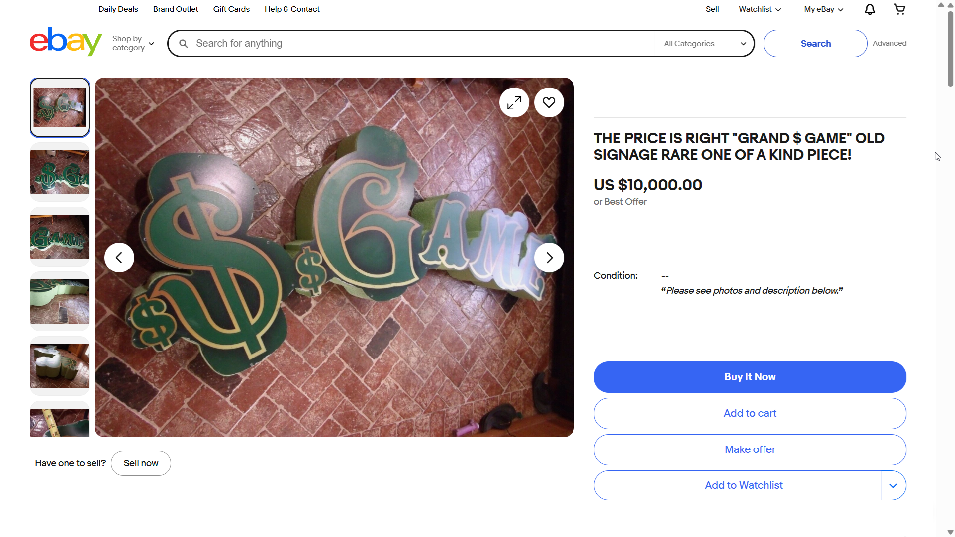 An eBay listing for the original Grand Game sign, valued at ,000.