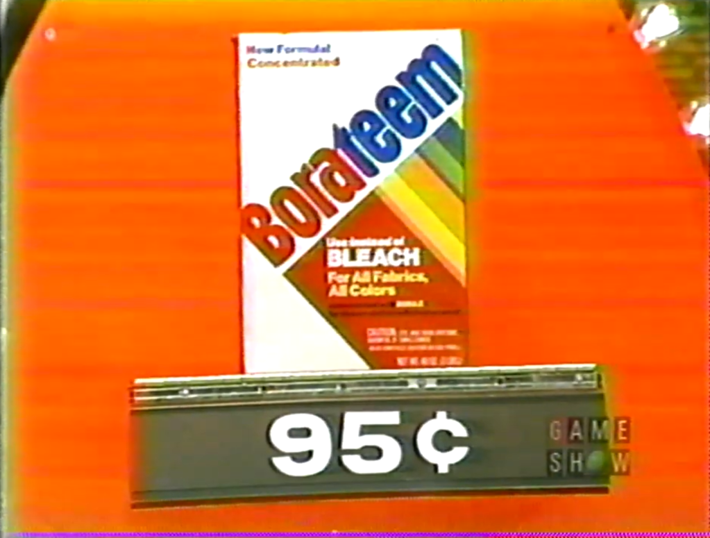 A package of Borateem laundry detergent displayed on an orange background, with a price tag showing 95¢.
