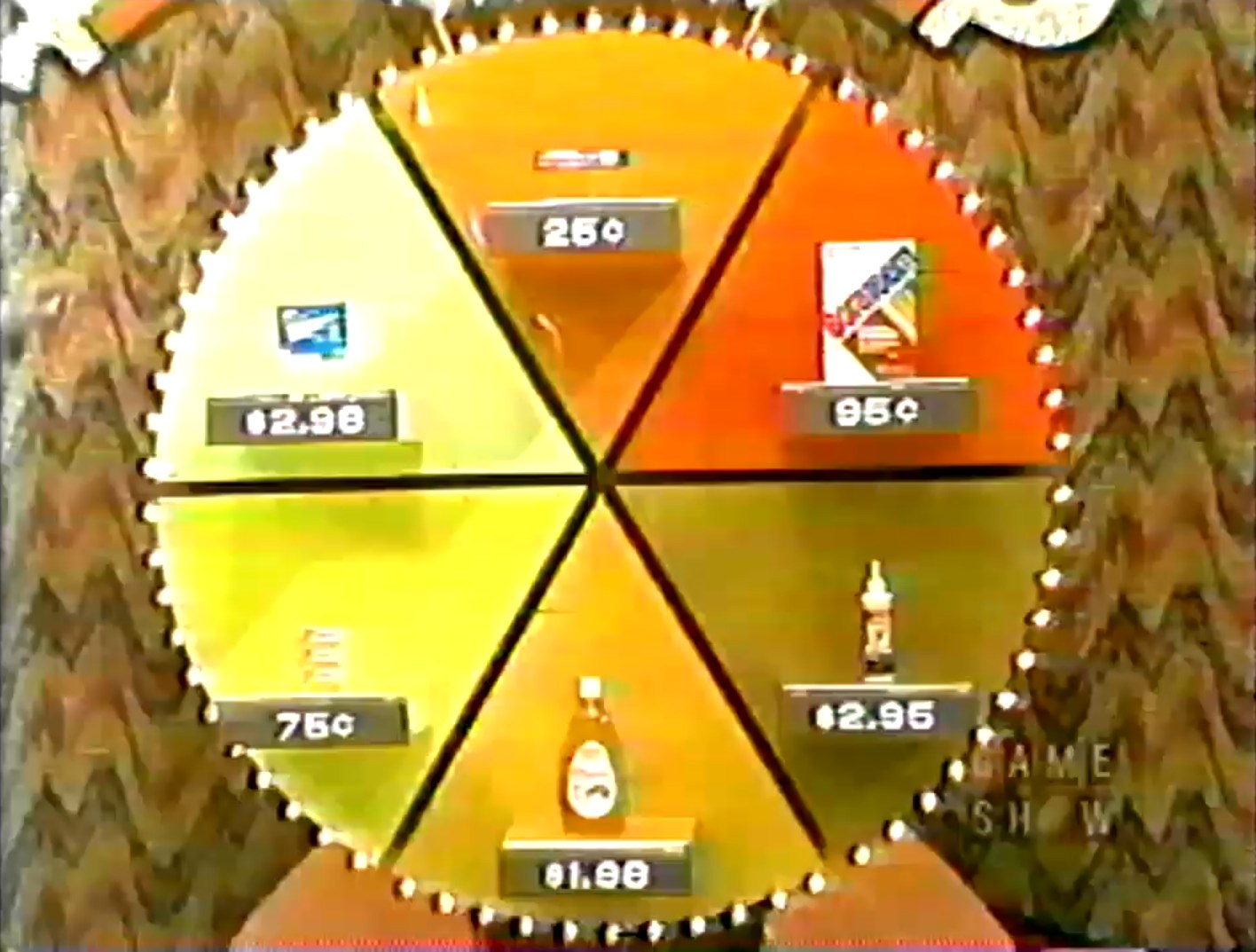 A circular board displaying six grocery products with their prices, used in the game show 'Now or Then'.