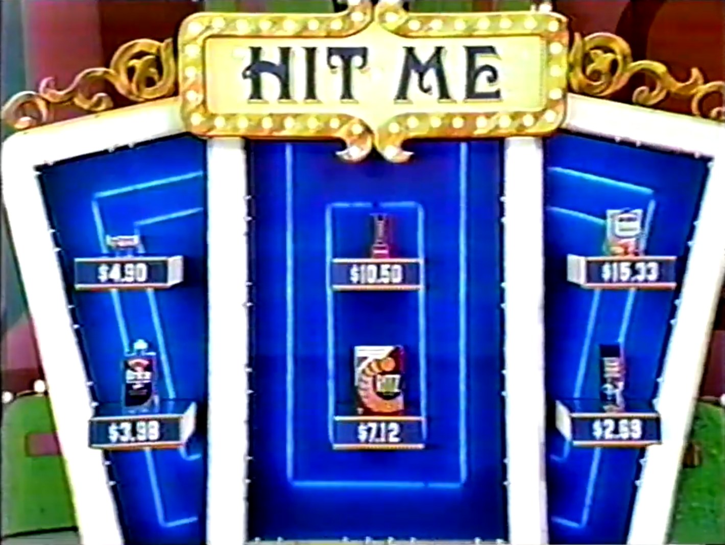 Game board for 'Hit Me', displaying six grocery products with their respective prices.