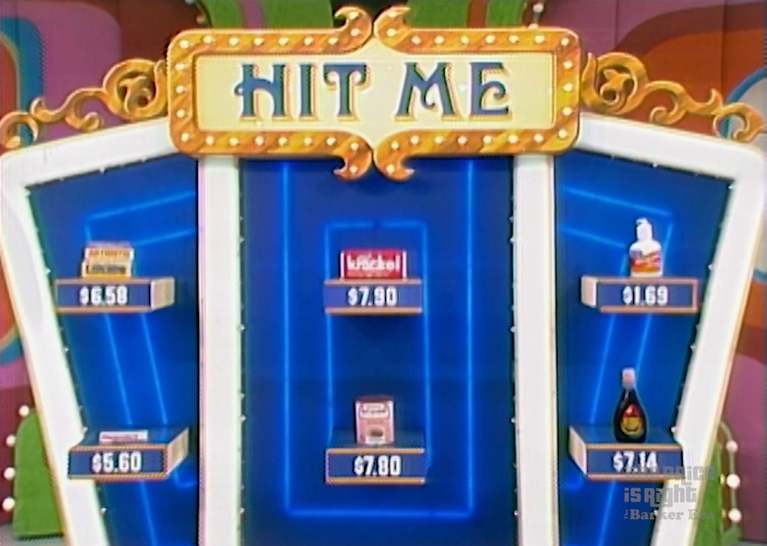 Game board for 'Hit Me', showing various grocery products with their prices and a colorful backdrop.