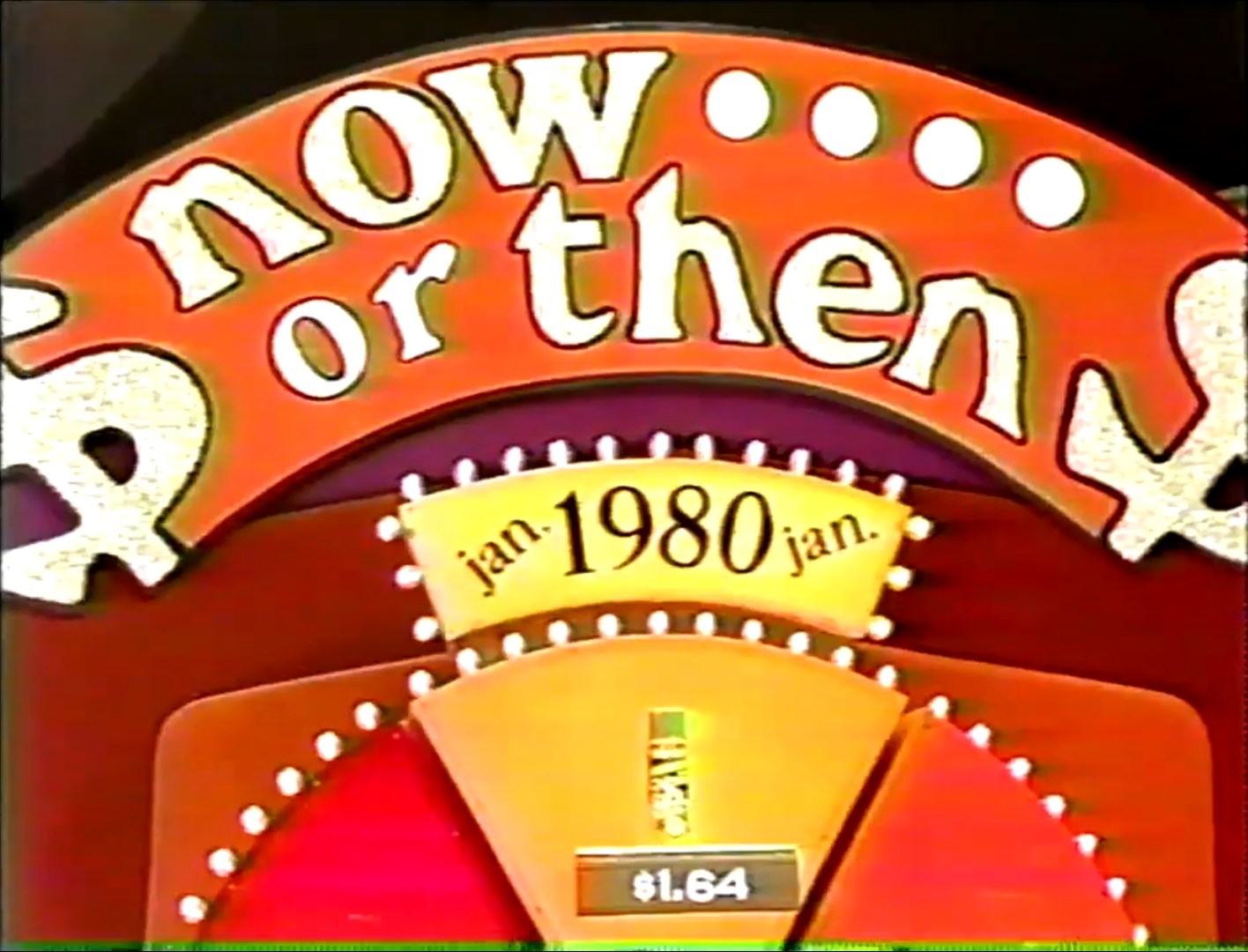 Colorful game board for the pricing game 'Now or Then', featuring the title prominently, along with a date indicator showing January 1980 and a displayed price of .64.
