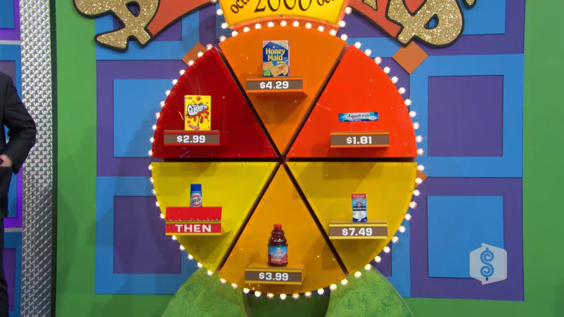 A circular game board featuring six grocery products and their prices, labeled 'NOW' and 'THEN', on a vibrant background.