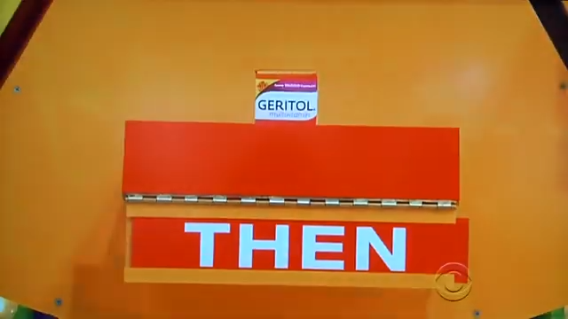 A board displaying the word 'THEN' in large letters, with a "NEW LOOK" product labeled 'GERITOL' situated above it.