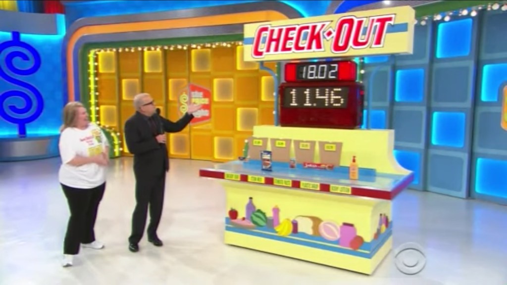 A contestant plays the Check-Out game on The Price is Right, with a price display showing .02 next to the contestant's guess of .46, while a host presents the game.