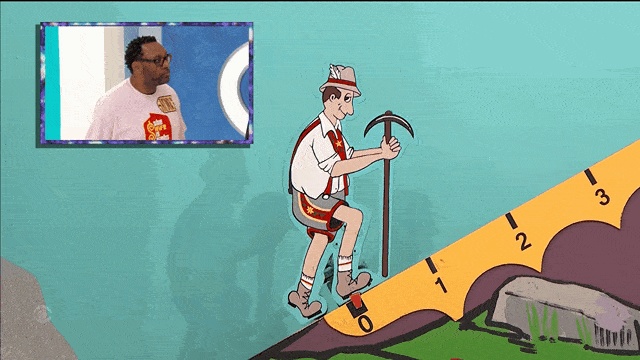 Animated mountain climber ascending a hill in the game Cliff Hangers, with a contestant in the background watching.