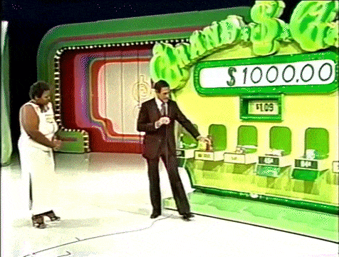 Pauline chasing Bob Barker around the Price is Right stage after having won $10,000 playing Grand Game