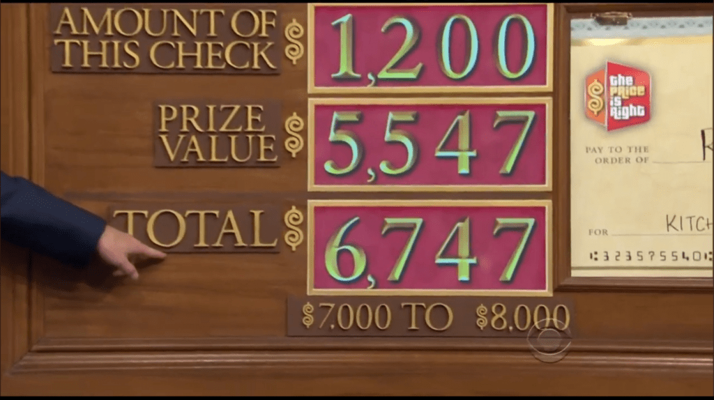 Check display showing amounts: check amount ,200, prize value ,547, total ,747, with a winning range of ,000 to ,000.