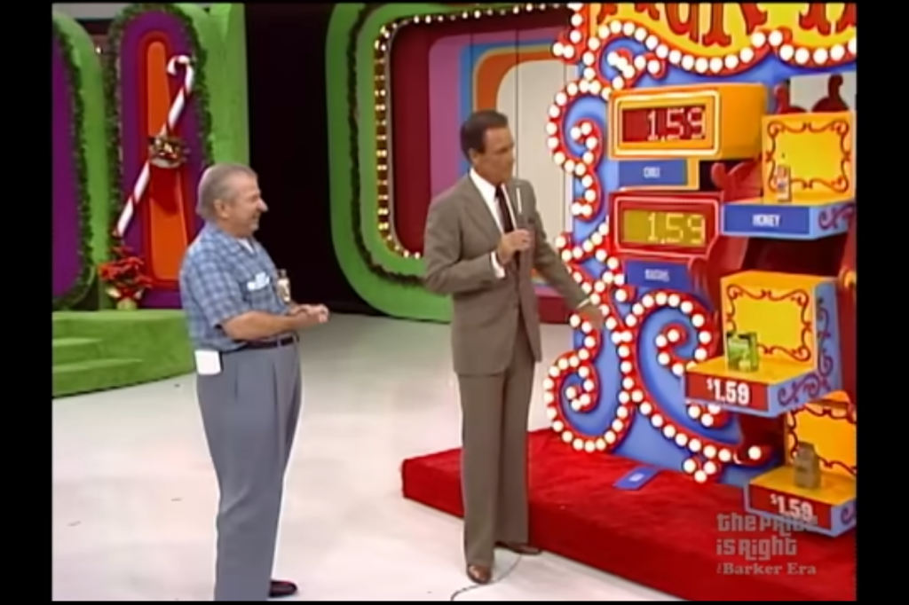 Contestant and host at game 'Pick a Pair' on The Price is Right, displaying items priced at .59.