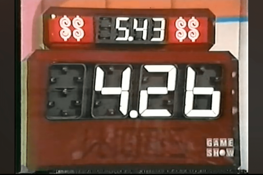 Digital display showing a contestant's total of .43 and an actual total of .26 in The Price is Right game Check-Out.