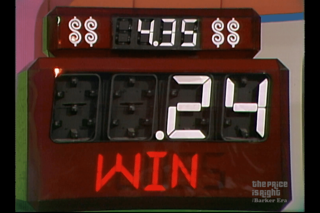 Scoreboard display from The Price is Right showing a total of .35 and a winning margin of $.24.