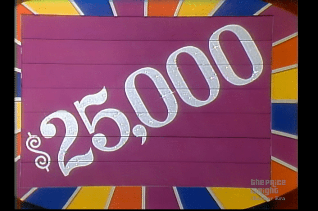 ,000 prize displayed on a colorful background from The Price is Right game show.