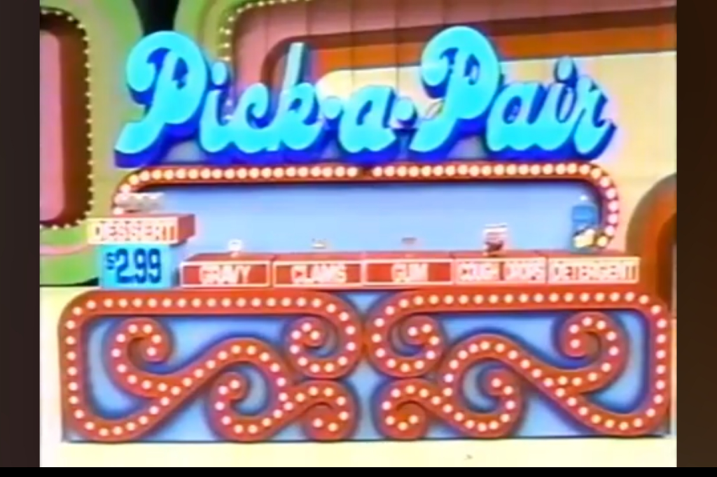 Game board for Pick-a-Pair featuring grocery items and their prices.