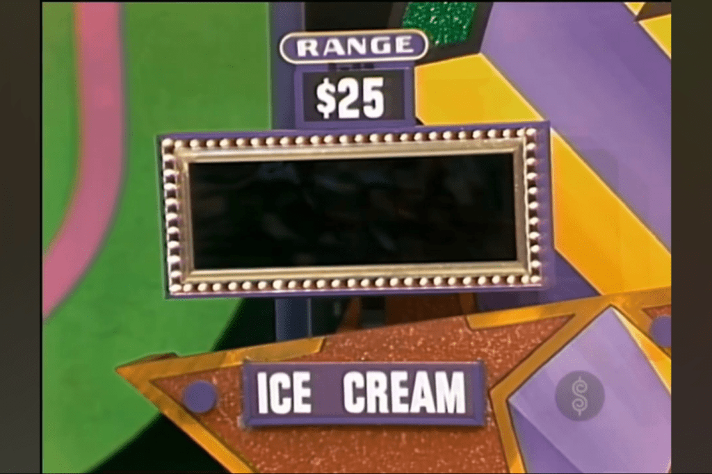 Display board for the pricing game, featuring a  range for an ice cream maker.