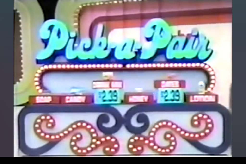Game setup for 'Pick-a-Pair' featuring items like soap, candy, honey, and lotion, with prices displayed.