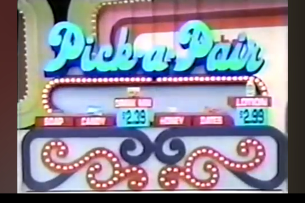 Colorful display of the 'Pick-a-Pair' game featuring grocery items: Soap, Candy, Laundry, Honey, and Raisins with their respective prices.