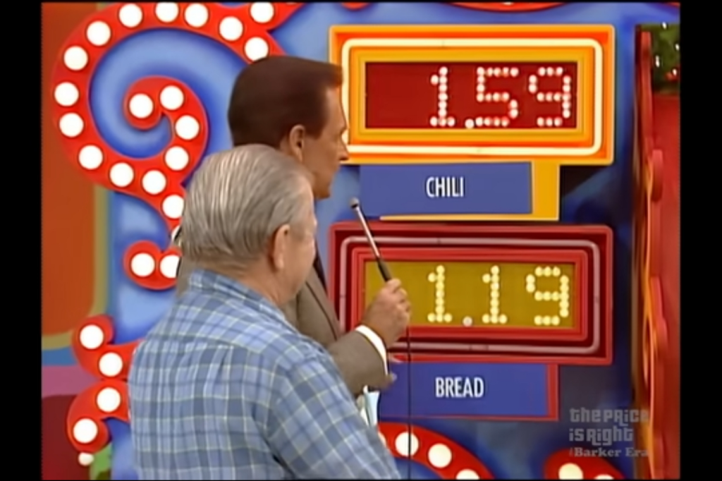 Contestant and host reveal prices of chili and bread during a game on The Price is Right.