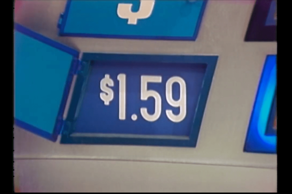 .59 displayed on a blue board from a game segment on The Price is Right.