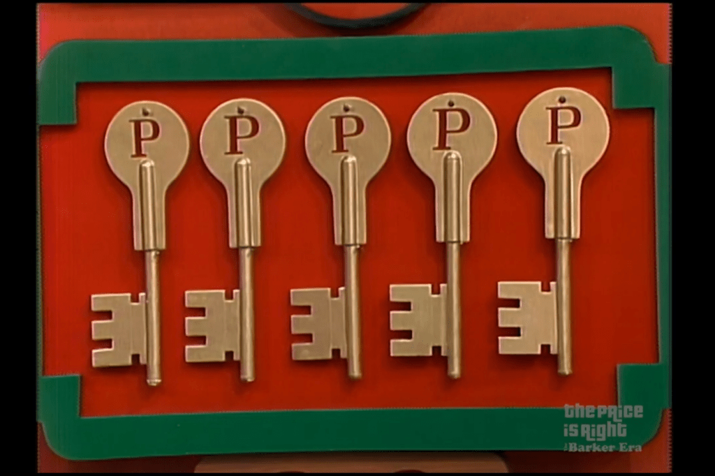 Five keys displayed on a red background, with four keys marked 'P' and one key with a different design, related to the game 'Master Key' on 'The Price is Right'.