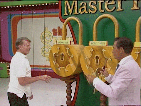Bob Barker karate kicks a key in the Master Key game on The Price is Right, snapping the key in half inside the lock.