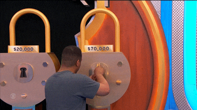 A contestant jumping up and down smacking the floor after having won ,000 in cash playing Master Key.