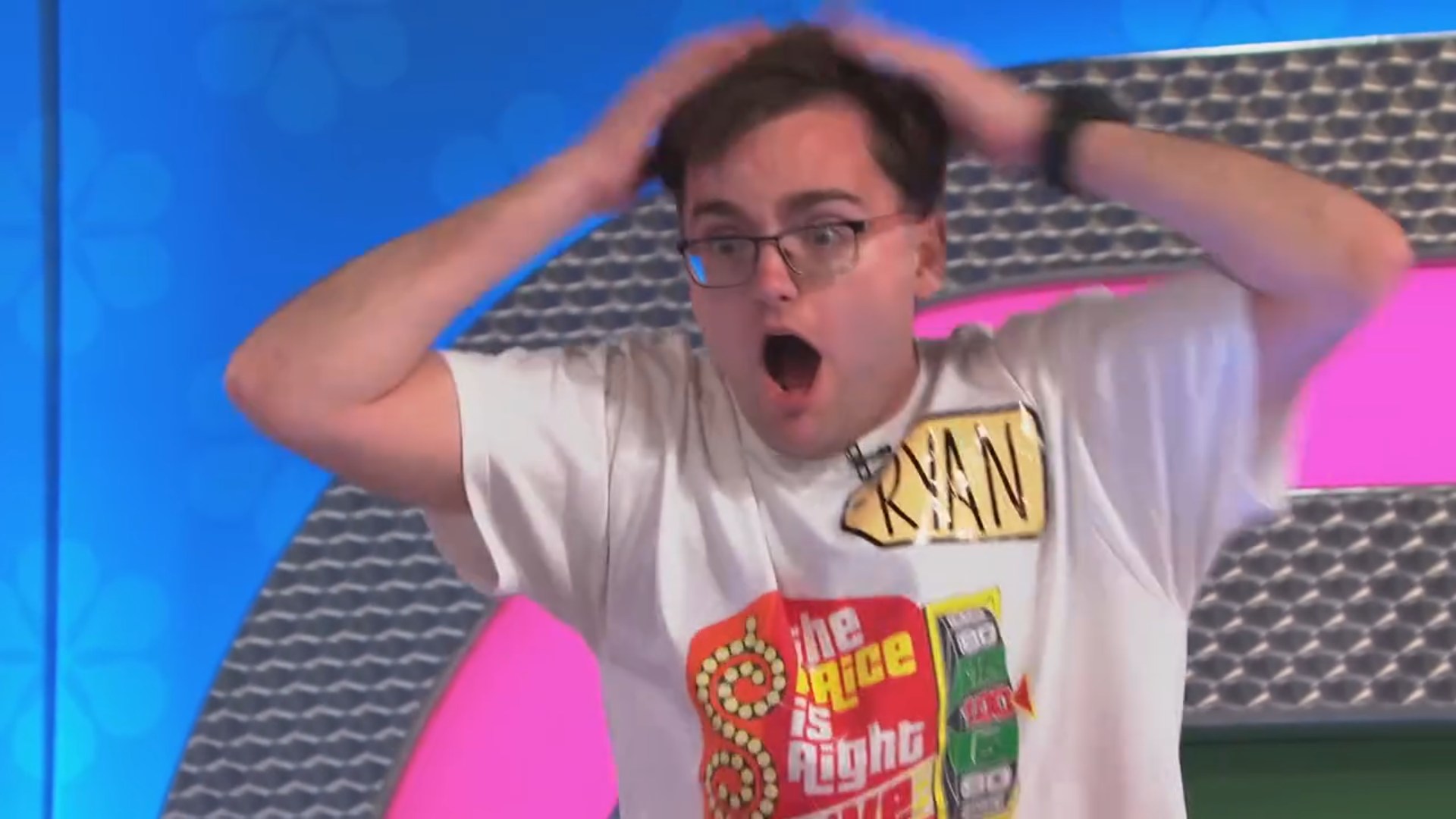 Contestant Ryan reacts with shock and surprise after winning $31,500 playing Plinko on The Price is Right.