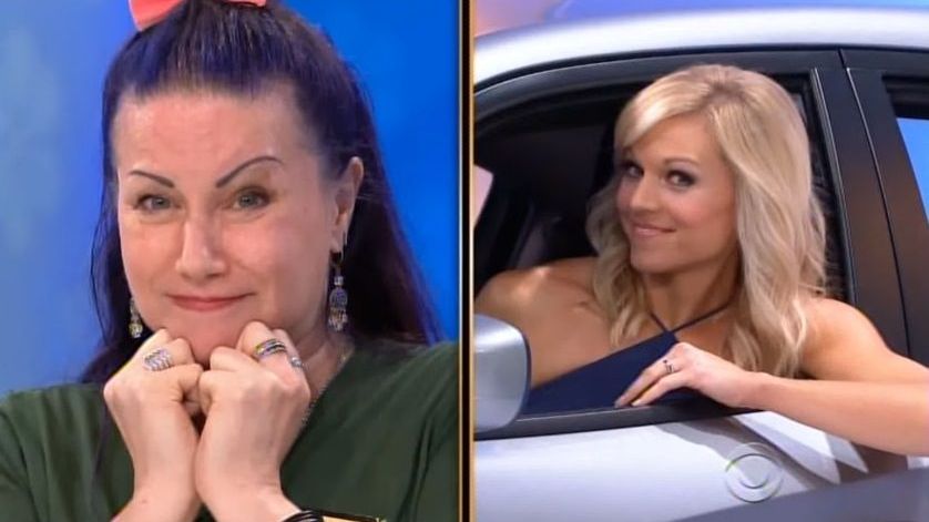 A contestant looks excited and hopeful while holding her hands to her face, next to a price model showcasing a car with a confident smile.