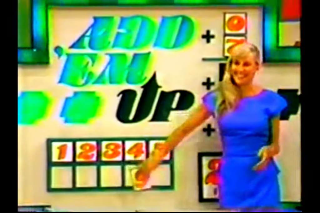 A host presenting the Add 'Em Up game on The Price is Right, with colorful graphics and numbers displayed on the board.