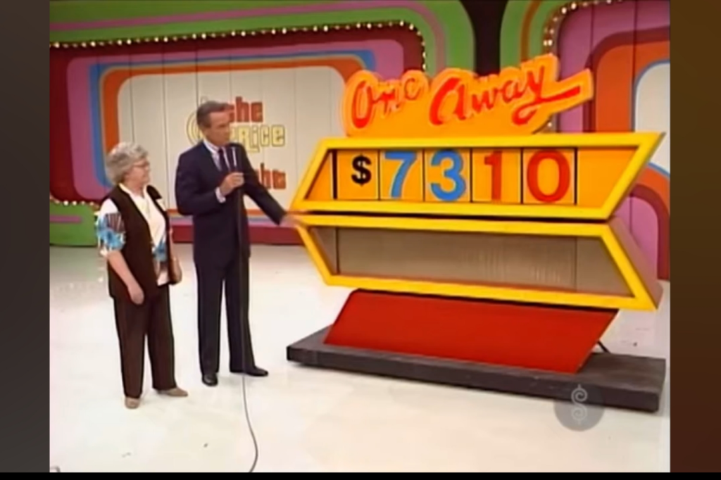 Game show host Bob Barker explains the pricing game 'One Away' while a contestant stands beside him, with the game board displaying the contestant's price of a car as 10.