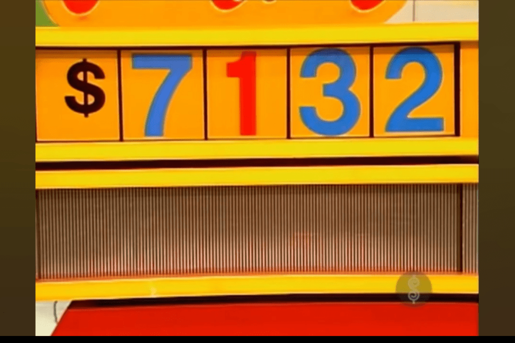 The display shows the price of ,132 for a car in the game 'One Away', with the first digit in blue and the second digit in red.