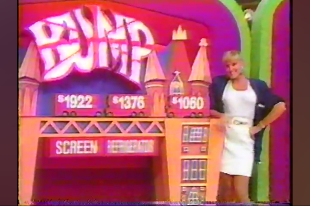 A game show set featuring the word 'BUMP' in colorful letters, with three price tags: 22, 76, and 60. Janice Pennington in a white dress and blue cardigan stands next to the backdrop, smiling.