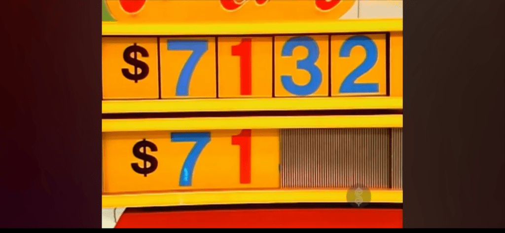 ,132 display for the pricing game 'One Away', featuring blue and red numbers on a yellow background.