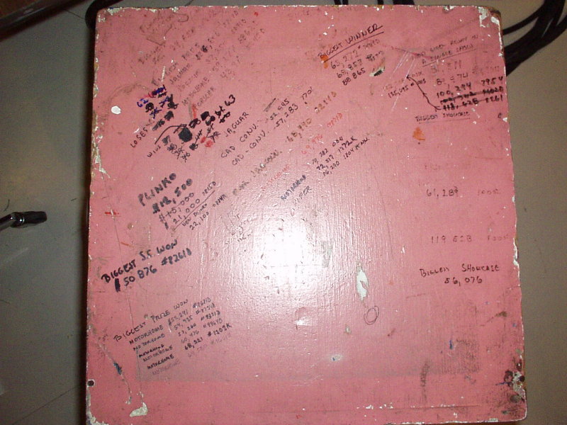 A worn pink board covered in notes, scores, and records related to the game Plinko from The Price is Right.