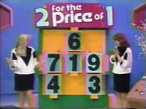 The numbers 719 light up in a playing of "2 for the price of 1" on The Price is Right, causing the contestant to jump up and down animatedly.